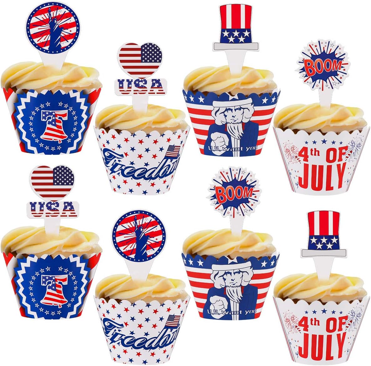 Amazon Com Amosfun 48pcs 4th Of July Cupcake Toppers Wrappers