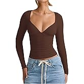 SweatyRocks Women's Deep V Neck Crop T Shirts Long Sleeve Slim Fitted Going Out Y2k Tops