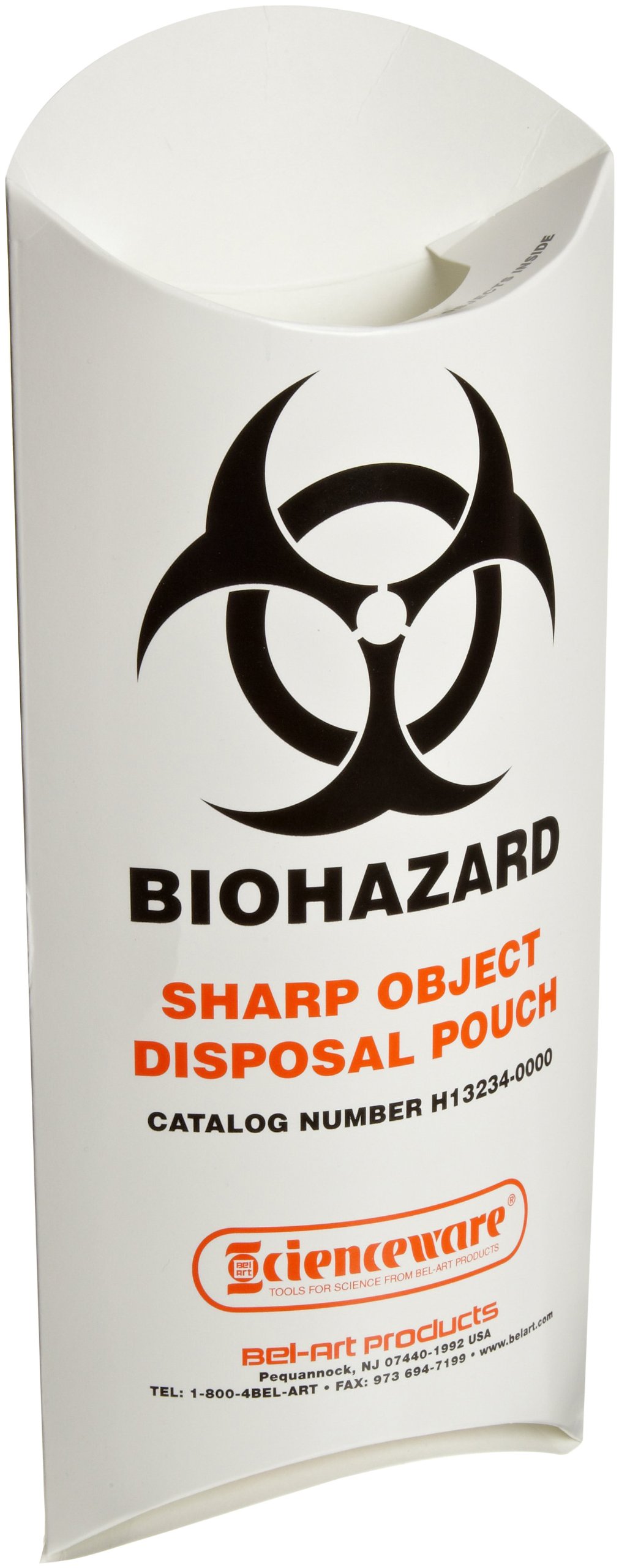 Bel-Art H13234-0000 Biohazard Sharp Object Safety Pouch, 10 mil Thick, Paperboard, 5.50" W x 13" H, Pack of 200