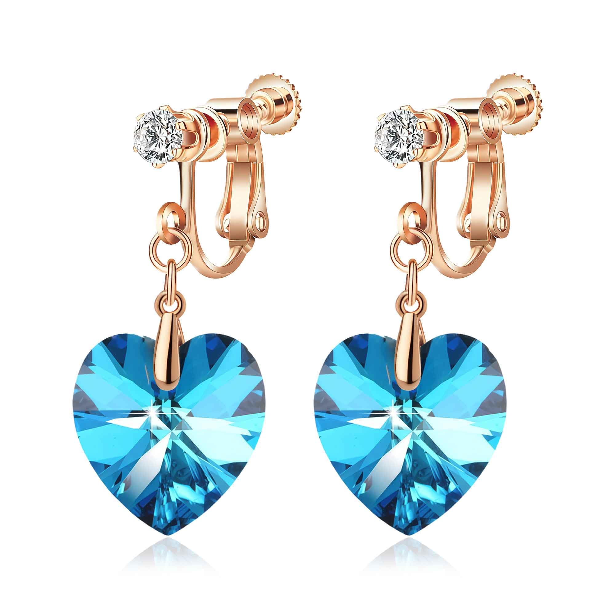 Swarovski Crystal Heart Drop Clip On Dangle Earrings for Women Non Pierced 14K Rose Gold Plated Hypoallergenic Jewelry