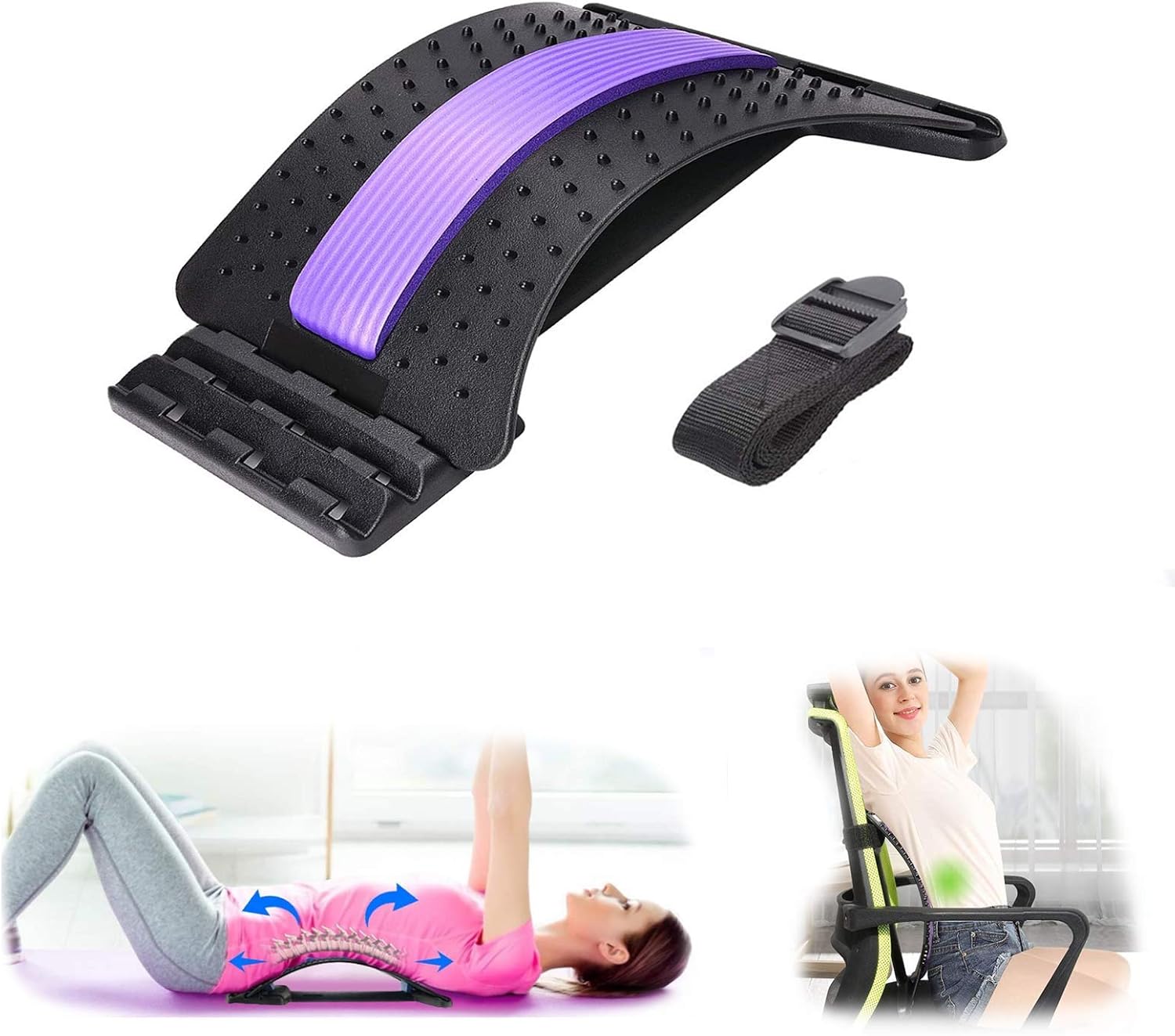 Back Stretcher - Adjustable Lumbar Support Device with Massaging Points & Cushion Foam, Upper and Lower Back Pain Relief Stretcher Massager for Office Chair, Car, Travel (STYLE 2 black-purple)
