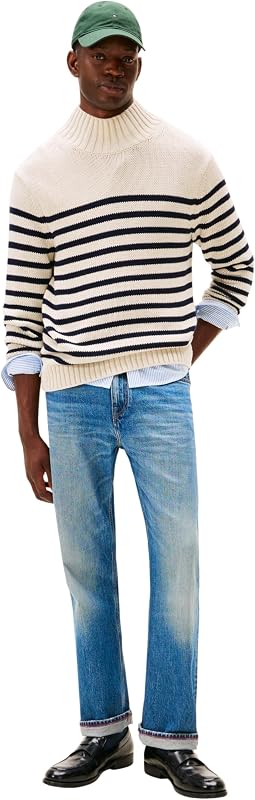 Pull Homme Breton Cotton Stripe avec Col Cheminée, Multicolore (Oatmilk HTR/Desert Sky), L — photo 4 sur 5