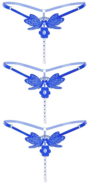 Damen String Perlenstring Schmetterling String Dessous mit Perlen blau 3er Pack