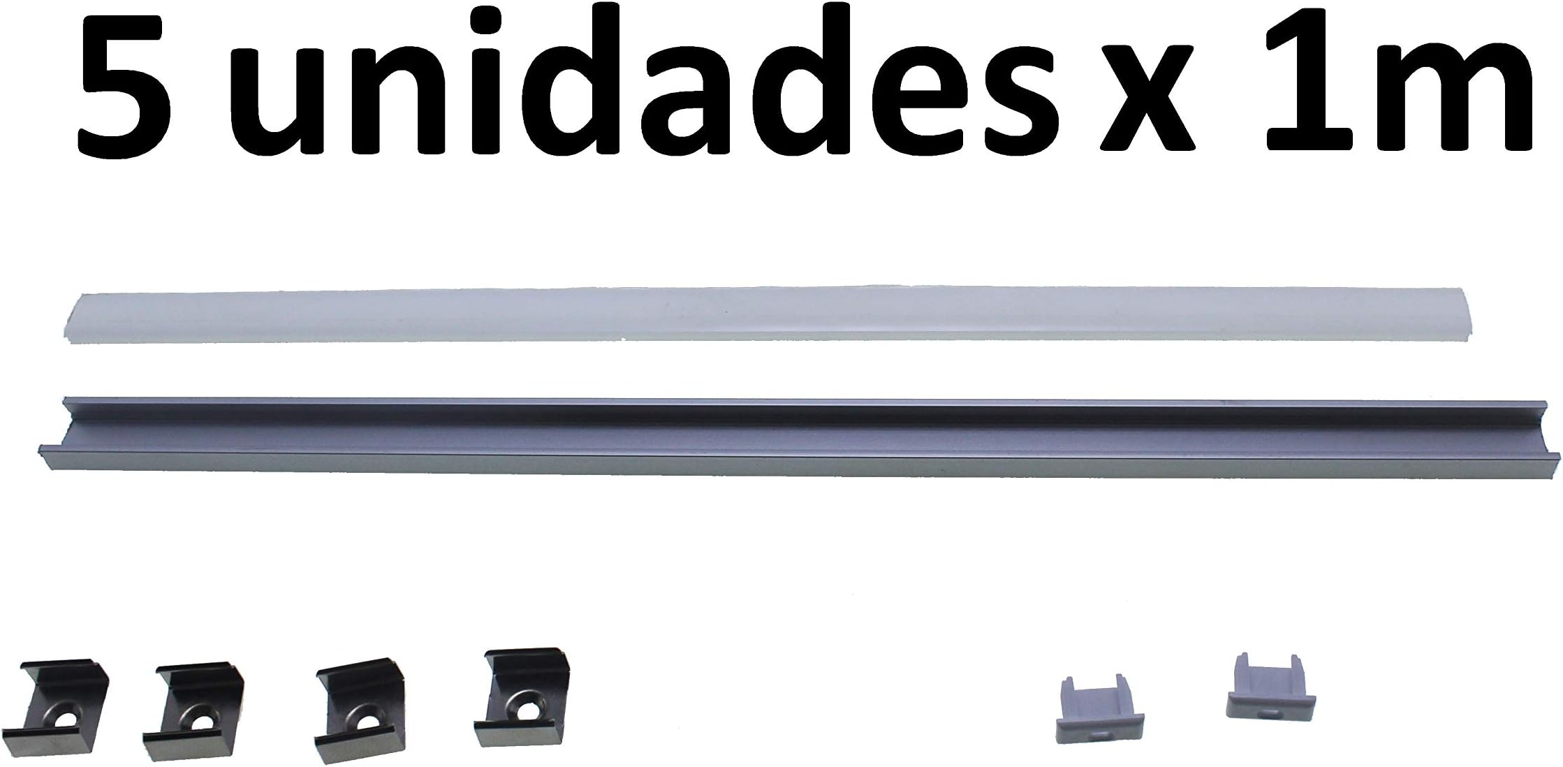 5 x 1m Aluminium Gutter for LED Strips + Lids + Fixings & Semi Transparent Cover