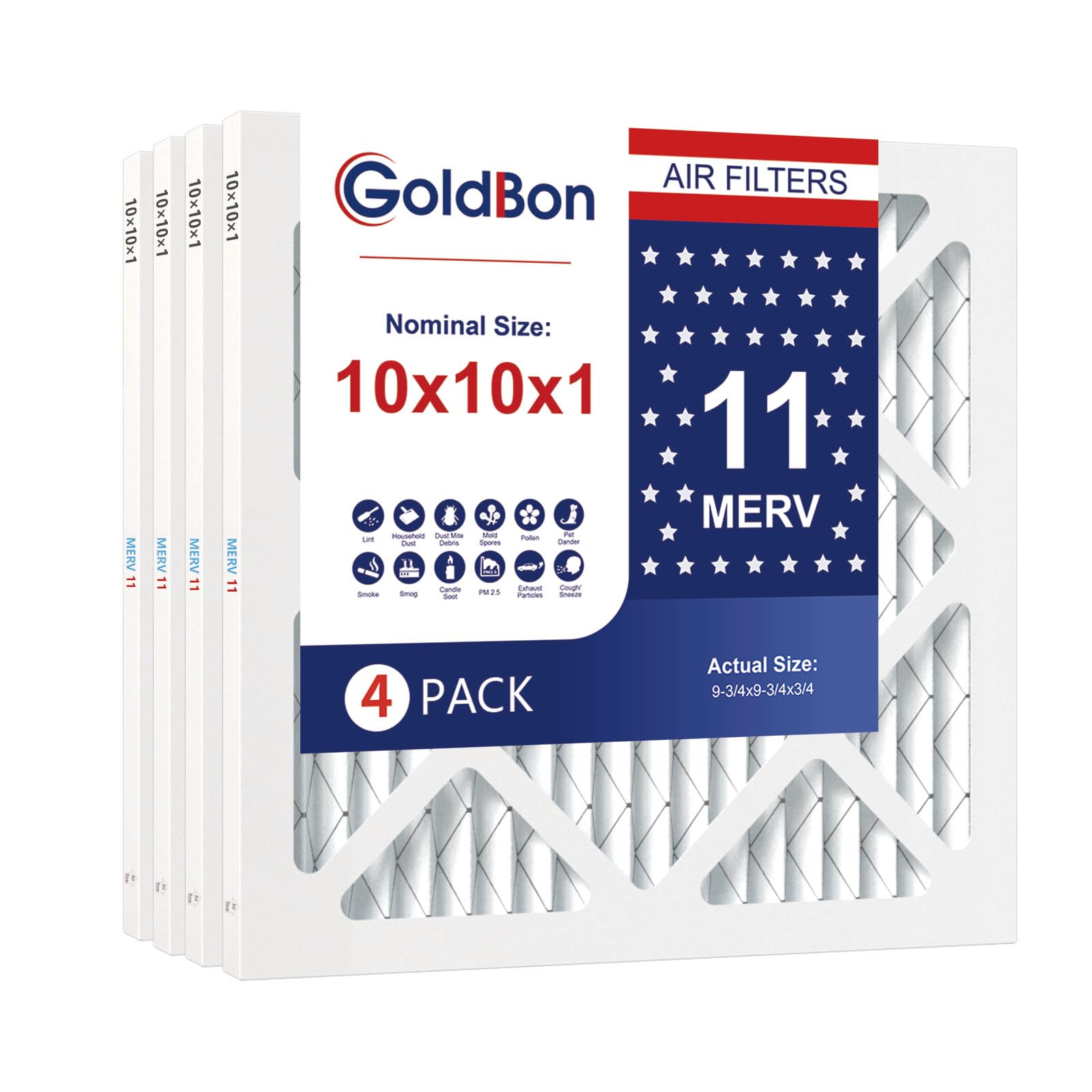 Photo 1 of 10x10x1 Air Filter 4 Pack MERV 11 MPR 1000 FPR 7- GoldBon AC Filter USA Design- Electrostatic Pleated Air Conditioner HVAC AC Furnace Filters for Pollen, Smoke,Pet Dander