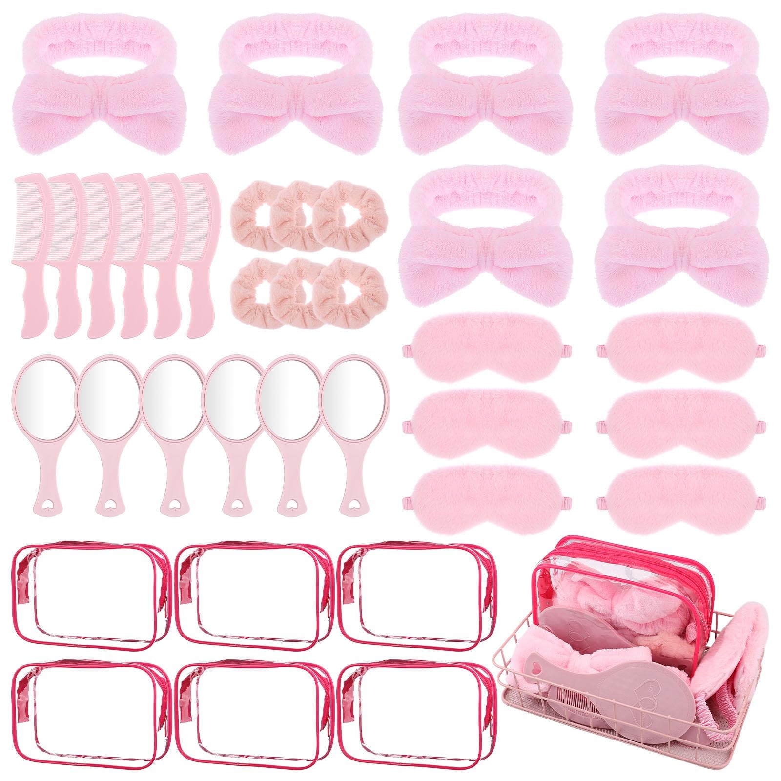 36Pcs Sleepover Party Supplies for Girls Skincare Headband and Wristband Set Sleepover Party Favors,6 Pink Spa Headb 6 Pink Sleep Eye Mask 6 Velvet Hair Scrunchies 6 Organzer Bags 6 Mirrors 6 Combs