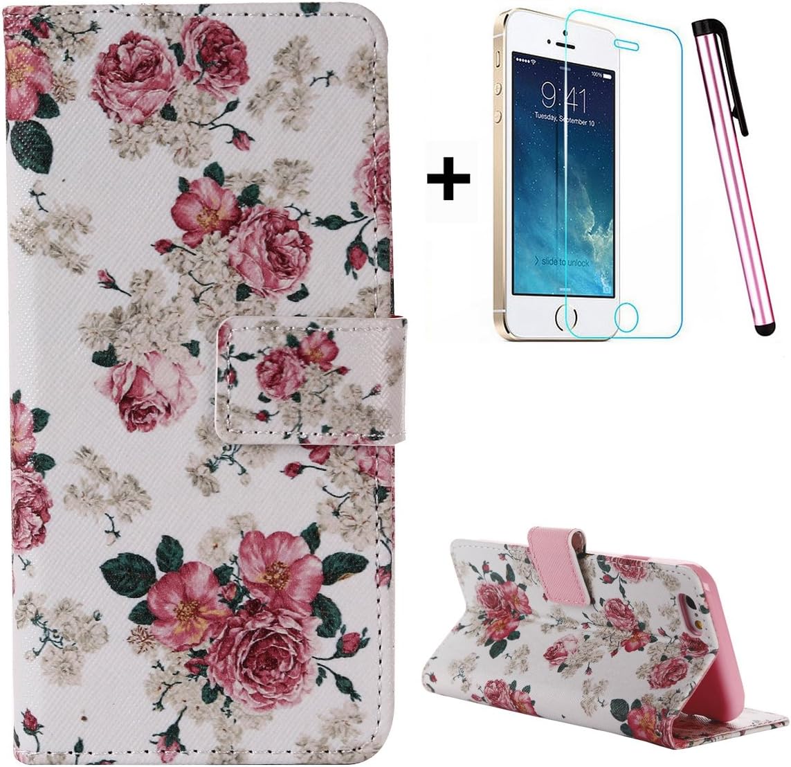 iPhone SE case,iPhone 5S Flip Wallet Case,Tebeyy Premium Flower Animal Cartoon Pattern PU Leather Wallet Case Cover Pouch [Magnetic Closure] with Card Slots for Apple iPhone SE/5S/5,Kickstand,Credit Card Holder,Book Style Flip Wallet with Screen Protector&Stylus