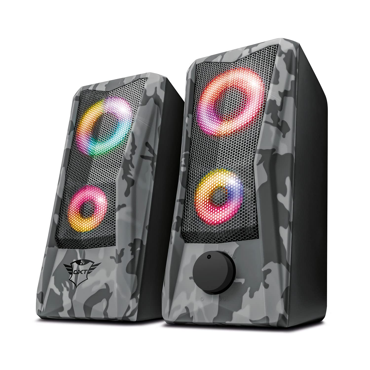 Trust Gaming GXT 606 Javv RGB-Illuminated 2.0 PC Speakers, 12 W Peak Power, 3.5 mm Jack, Metal Grille, USB Powered Sound System, Speaker Set for Computer, Laptop, Mac - Grey