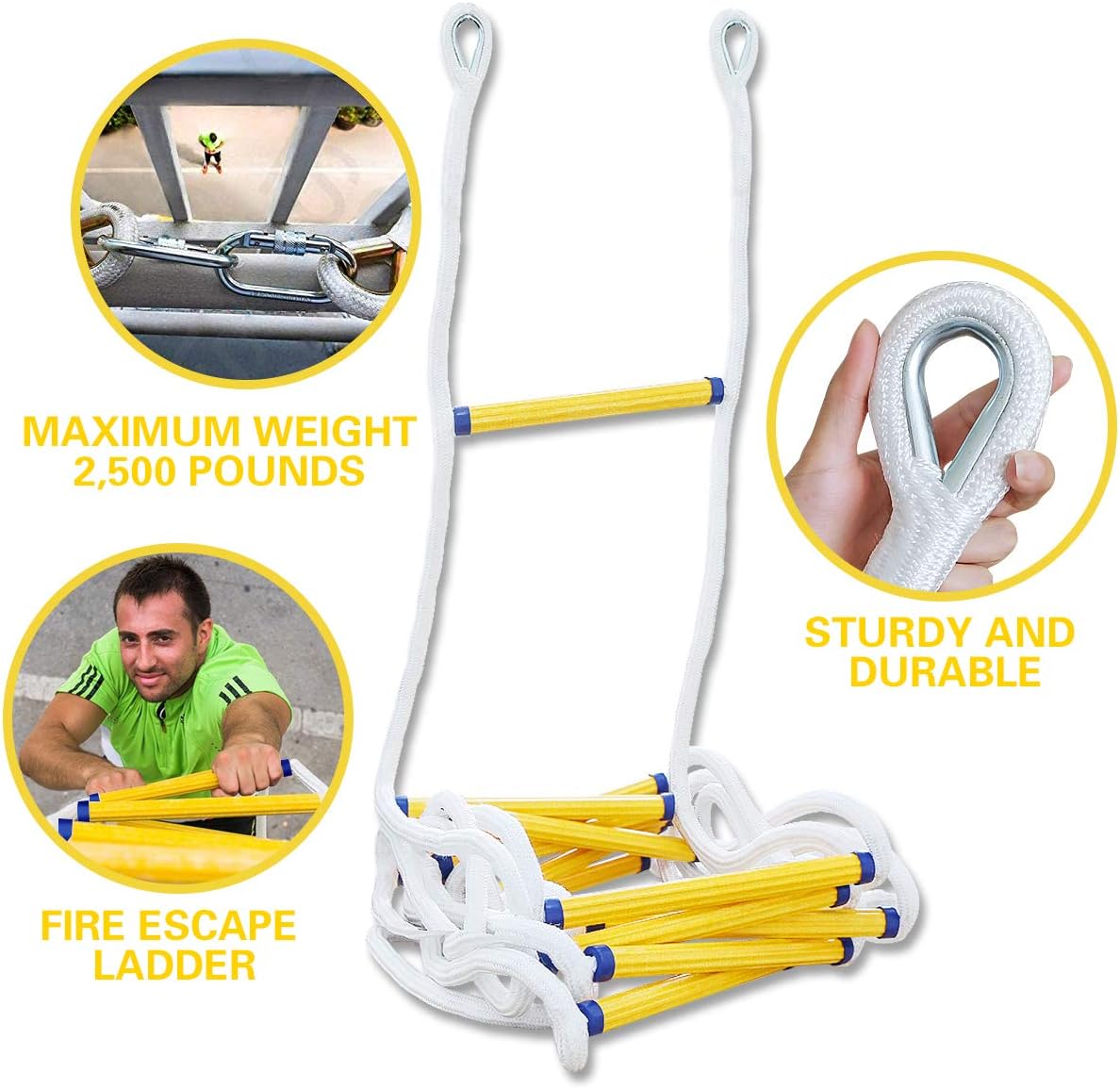Emergency Fire Escape Rope Ladder 2 Story Homes 16 Feet Flame Resistant Fire Safety Ladders with Carabines | Weight Capacity up to 2500 Pounds | Portable and Reusable - - 