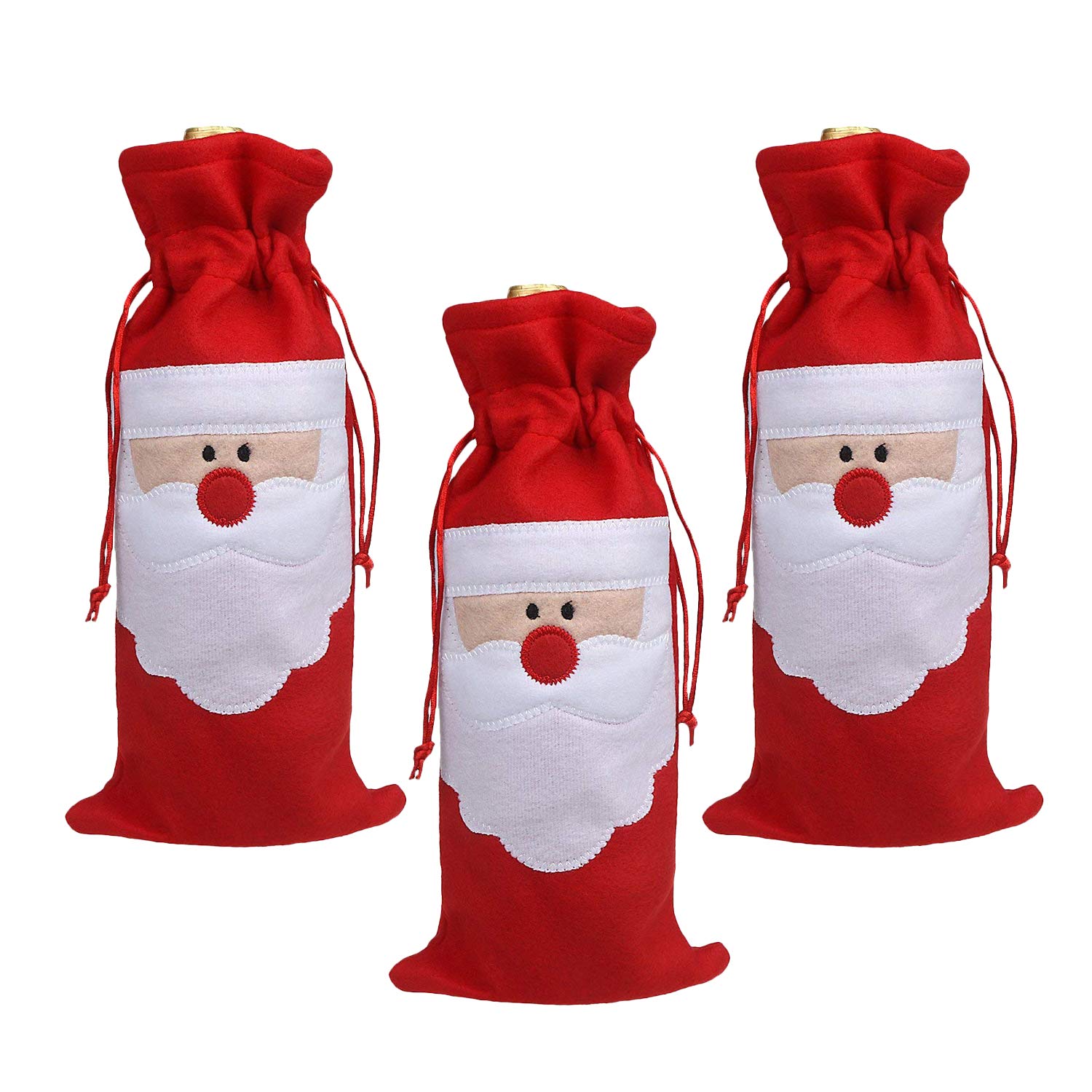 SUNTRADE 3-Pack Christmas Santa Wine Bottle Cover with Drawstrings, Bags Set for Party Hotel Kitchen Table Decor