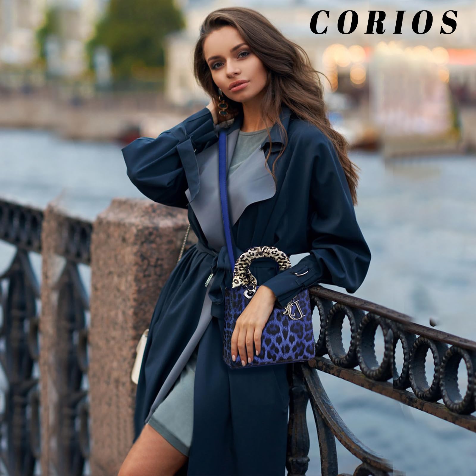 CORIOS Leopard Pattern Handbag for Women PU Leather Shoulder Bag Waterproof Crossbody Bag Fashion Messenger Bag Satchel Bag Elegant Hobo Bag Top Handle Bag Shopping Work Travel Tote Bag, Blue S, L, Retro