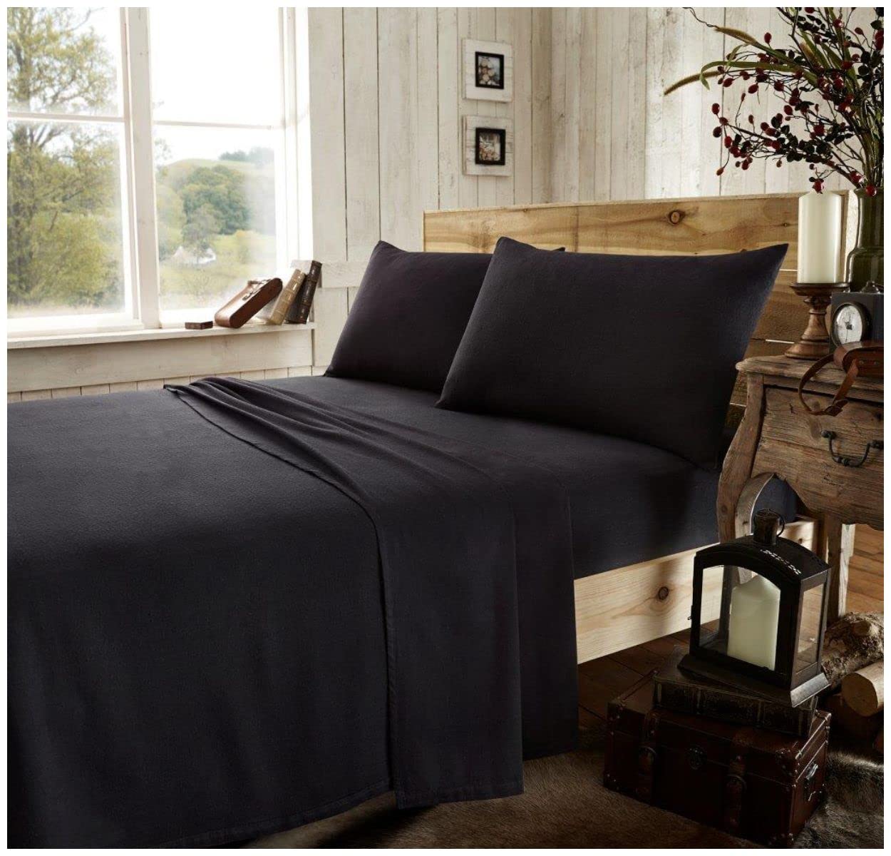 GC GAVENO CAVAILIA Brushed Cotton Bed Sheets, Flannelette Fitted Sheet With Pillowcases, Plain Flat Sheet Double, Black