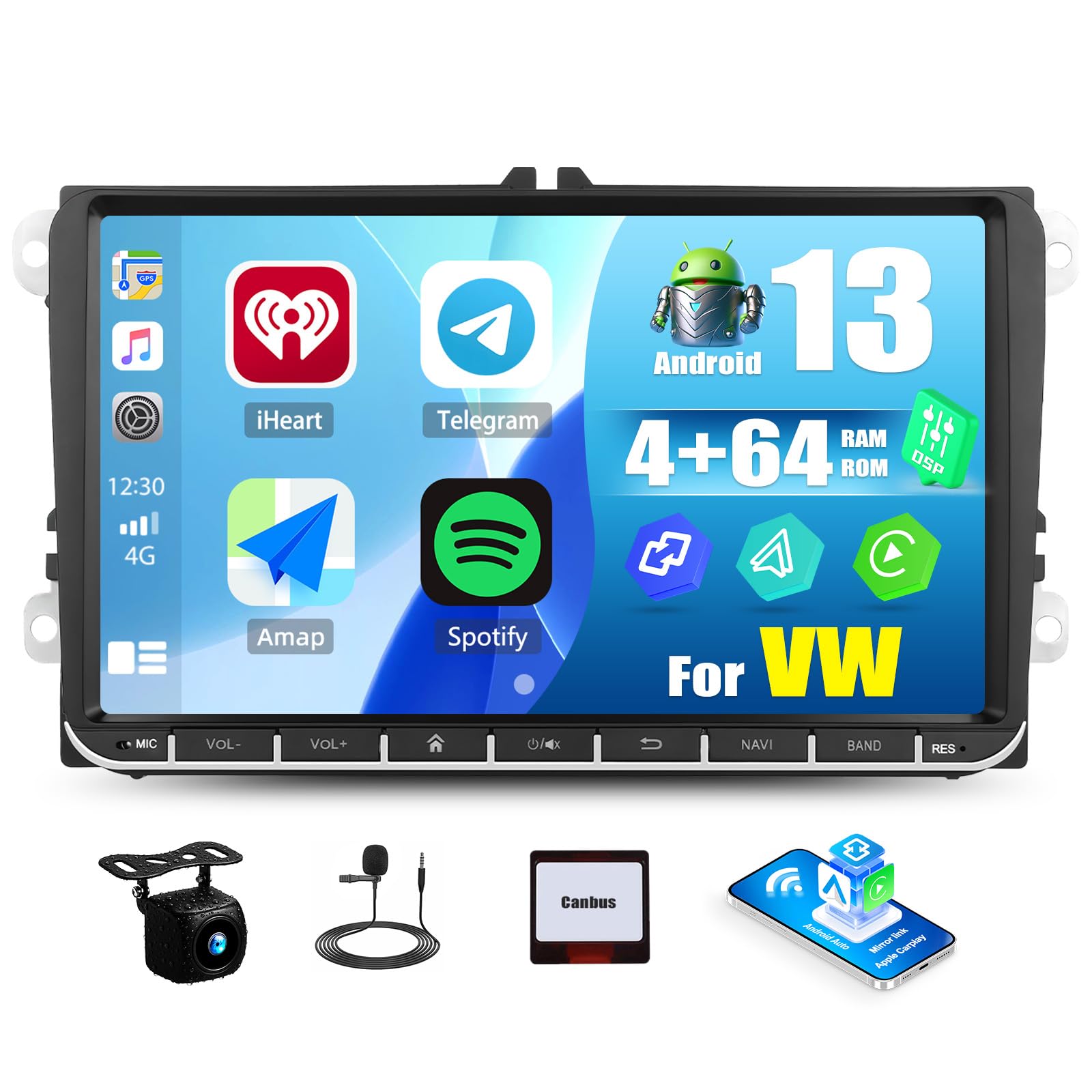 OiLiehu 4G+64G 8-Core Android 13 Car Stereo for VW Passat Golf Skoda Seat POLO Leon with Wireless CarPlay Android Auto, 9 '' IPS Touchscreen with WiFi Mirror Link Bluetooth FM RDS DSP EQ SWC Camera