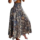 CHICME Boho Floral Shirred High Waisted Wide Leg Pants Flowy Trousers Summer Beach Vacation Wear