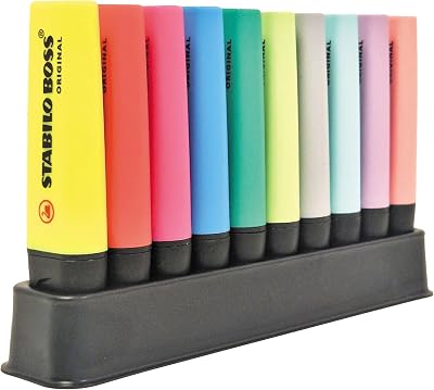 STABILO BOSS ORIGINAL Highlighter Deskset 10 Neon Pastel Colours 2mm 5mm