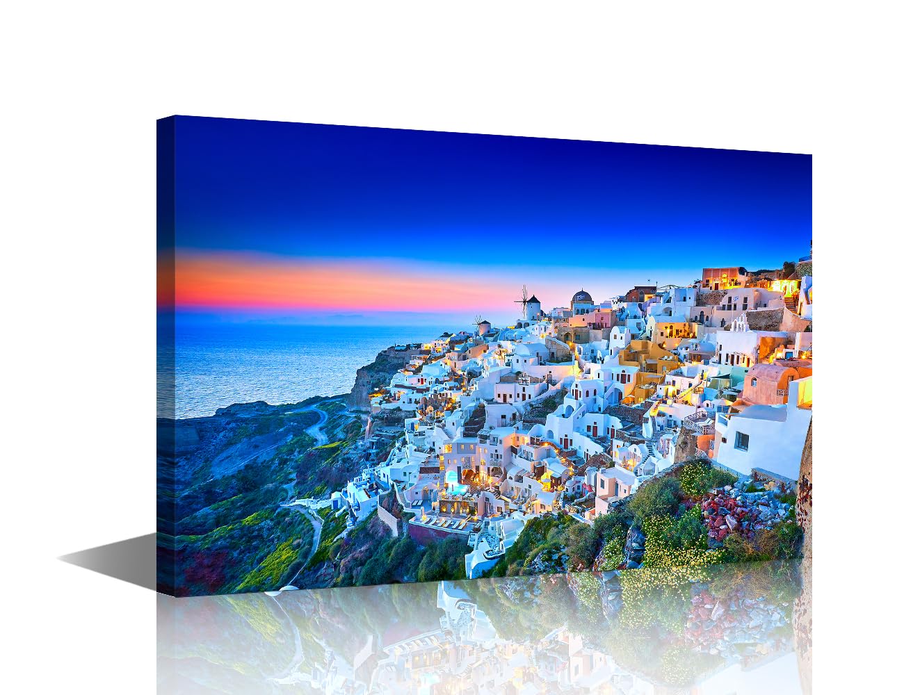 TISHIRON Europe Greece Wall Decor Santorini Island Skyline Canvas Wall Art Sunset Seaside Modern Artwork for Office Picture Print on Canvas Wall Decorations Framed Ready to Hang for Bedroom, 24x16in