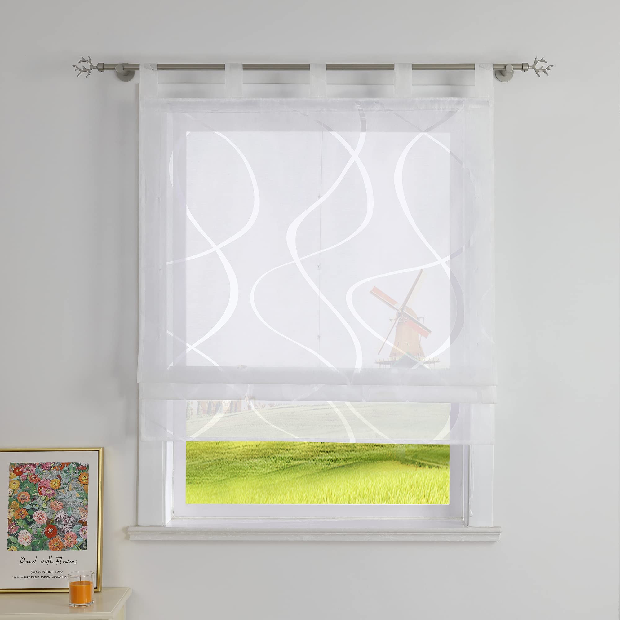 CORLIF Roman Blind Burnout Curtains Kitchen Roman Curtains Country House Transparent Loop Blind with Wave Pattern Short Curtain Modern Blinds with Loops White W x H 120 x 140 cm 1 Piece