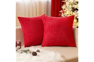 EMEMA Christmas Throw Pillow Covers Corduroy Decorative Soft Striped Square Cushion Covers Spring Pillowcases for Couch Sofa Bedroom Chair Car 18x18 Inch Pack of 2, Red