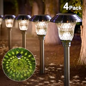 Solar Lights Pathway Outdoor Garden Glass Stainless Steel Waterproof Auto On/off Bright White Wireless Sun Powered Landscape Lighting for Yard Patio Walkway Landscape In-Ground Spike Path