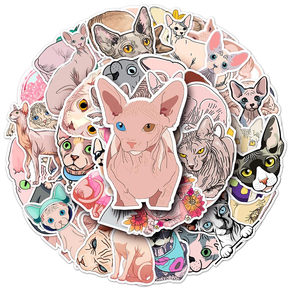 Modern Sphynx Cat Vinyl Stickers, 50 PCS Waterproof Illustrated Animal Decals for Laptops, Scrapbooking, Journals, Notebooks, Water Bottles, Suitcases, Phones & DIY Decor