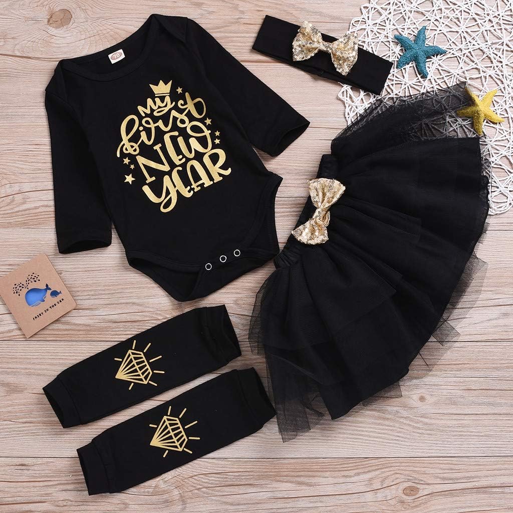 My 1st NEW YEAR Outfit Newborn Baby Girl Letter Long sleeve Romper+Mesh Tutu Skirt+Headband+Warmer Socks Four-piece Suit