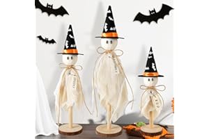 YANLEEN Halloween Decorations Indoor, Set of 3 Primitive Halloween Ghosts with Witch Hat Bat on Wooden Stand Spooky Halloween Table Decor Table Centerpieces, Tiered Tray Decor, Shelves Mantels