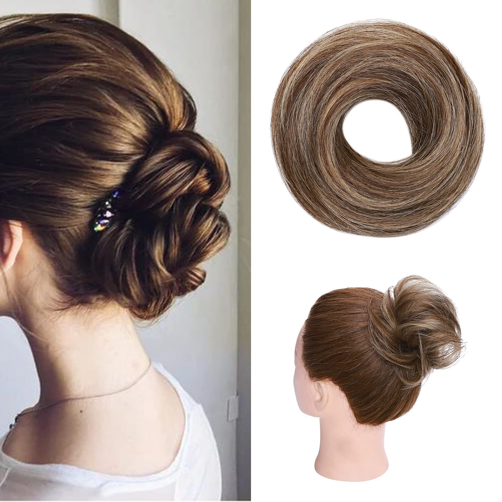 Hair Bun Scrunchy Scrunchie Updo 100% Silky Soft Real Remy Human Hair Extensions Donut （#4P27 Medium Brown&Dark Blonde）