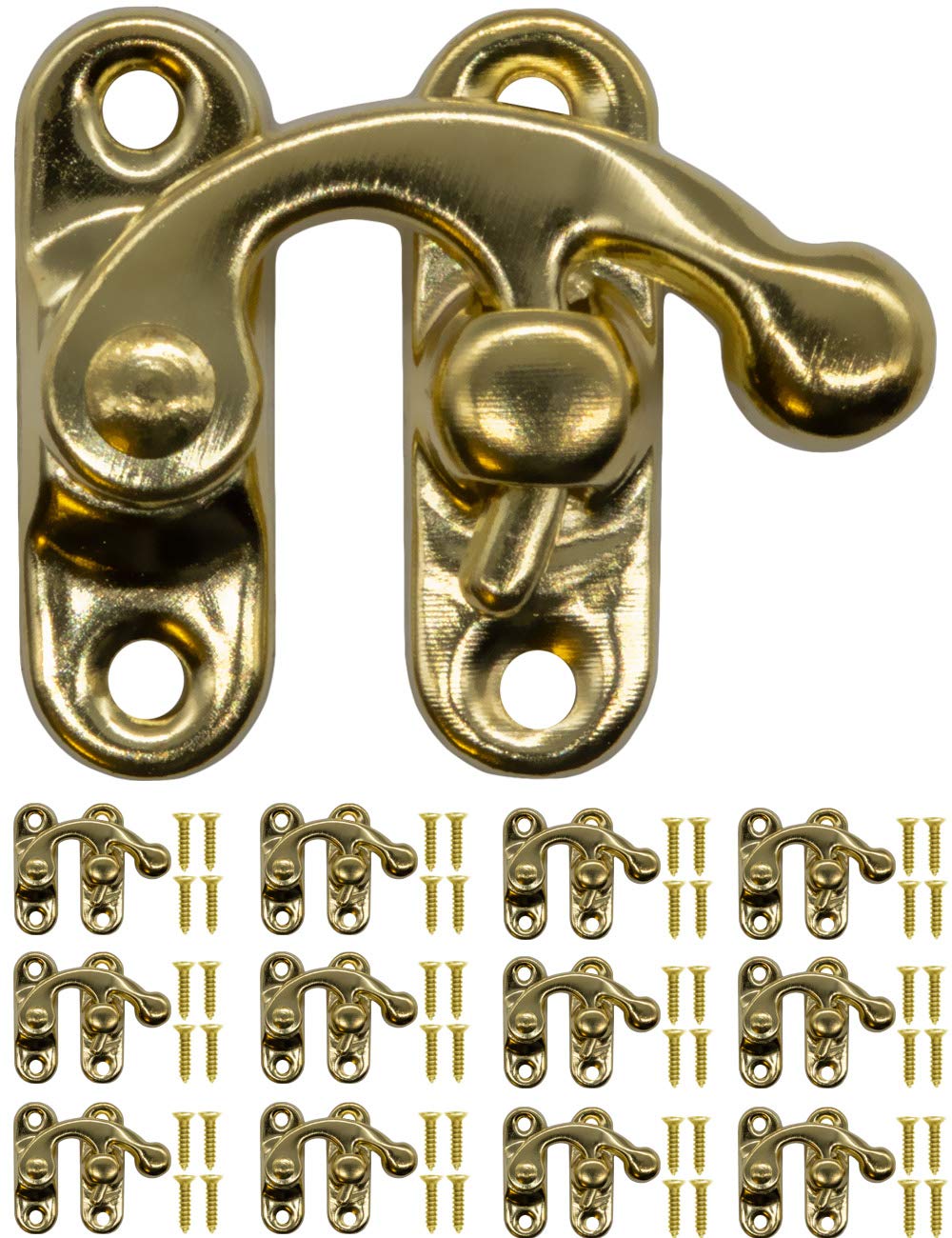 Fuxxer® 12 x Antique Clasps Latch Hooks, Metal Hooks, for Sliders, Chests, Wine Crates, Tins in Vintage Country House Retro Style, 32 x 28 mm, Gold, Brass, Set of 12