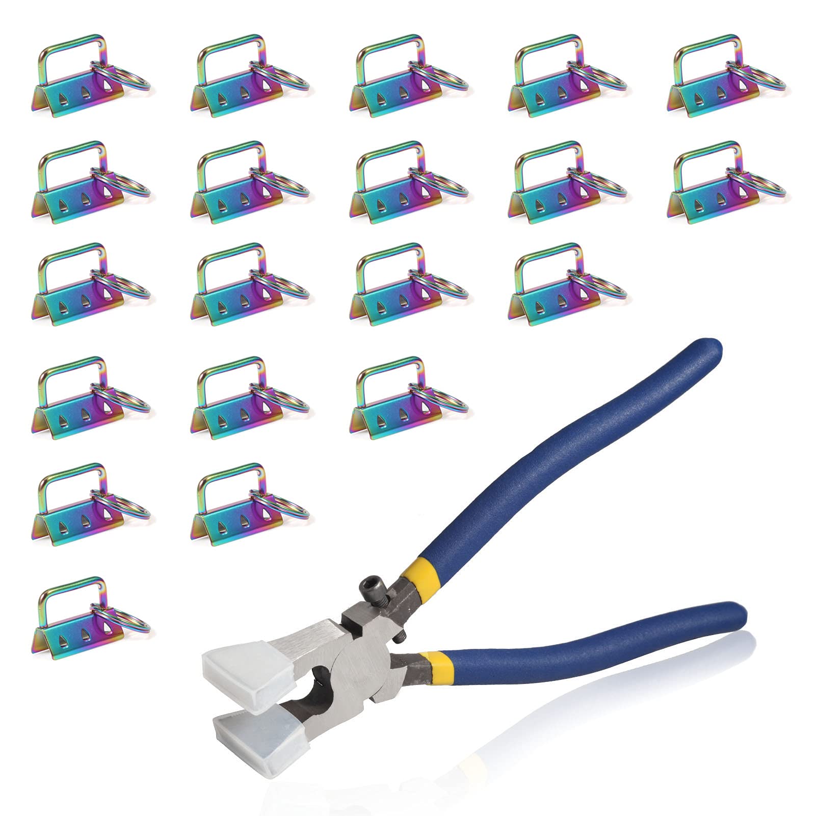 SPEEDWOX 20Pcs 1.25" Rainbow Key Fob Hardware with Key Fob Pliers Set, 8" Glass Breaking Pliers with Rubber Tips, Flat Jaws, Hardware with Key Ring for Wristlet Keychain Hardware