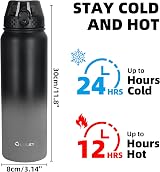 OLDLEY 1L Stainless Steel Water Bottle with Straw Lid Vacuum Insulated Black view 4