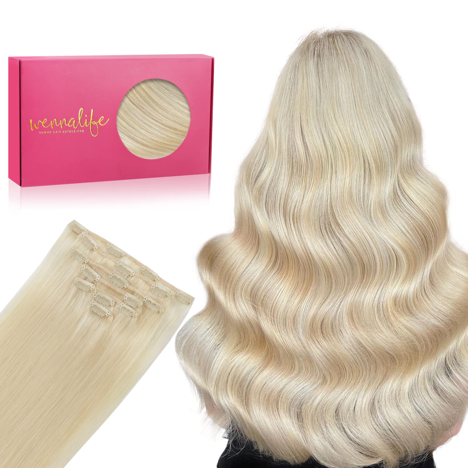 Wennalife Clip In Hair Extensions - 18 Inch 70g 7pcs Bleach Blonde Remy Human Hair - Natural Silky Real Hair Extensions — image 1
