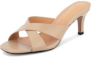 Greatonu Women's Square Toe Summer Heels Mules Cross Strap Slip on 2.5 Inch kitten Heeled Sandals