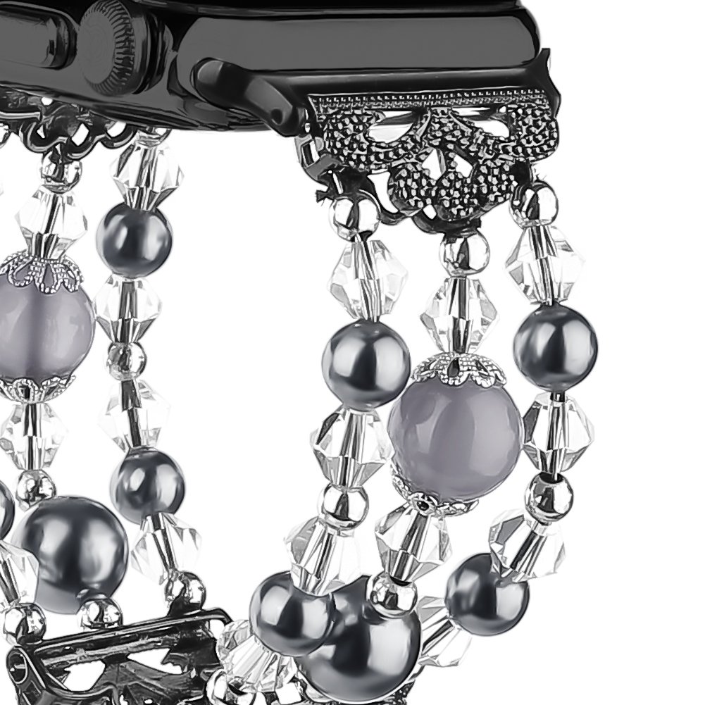 Junwei for Iwatch Bracelet Bands Adjustable, Women Stylish Apple Watchband with Stretch Bling Beads of Crystal Rhinestones Pearls for Apple Watch Series 4 3 2 1 Sport etc. - ( Black, 38mm / 40mm )