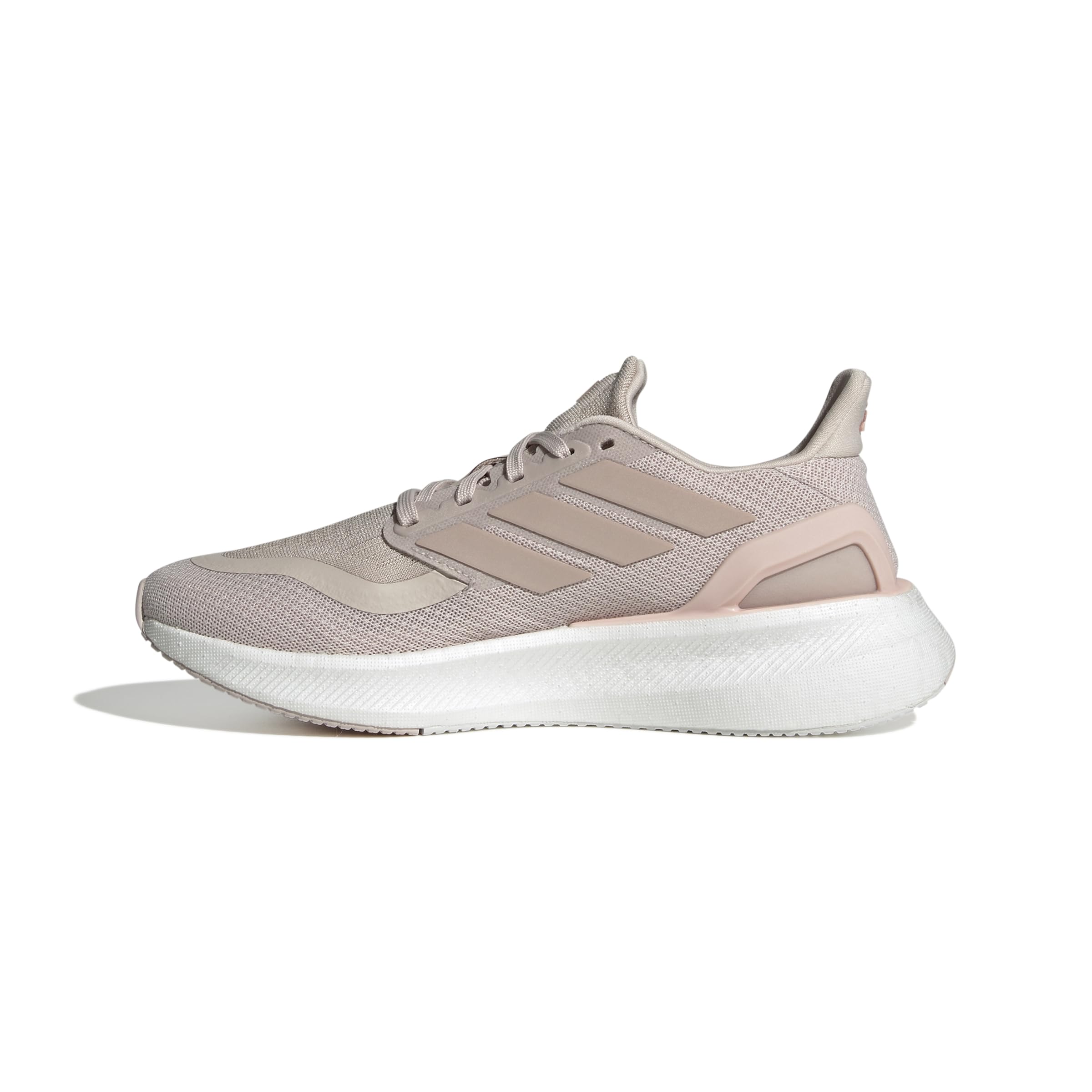View 1 of Adidas Women's Pureboost 5, Putty Mauve/Sandy Pink Met./Sandy Pink, 6 it has a sensor still attached