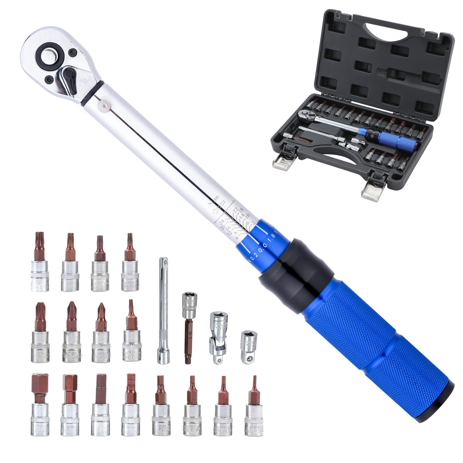KATSU 1/4 Inch Drive Click Torque Wrench 21 PCs 2-24 Nm 72 Teeth Bike Torque Wrench Set, Chrome Vanadium Steel Mechanic Tool for Road and Mountain Bicycles Repair