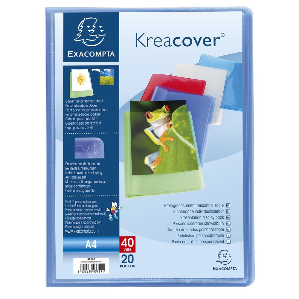 Exacompta - Ref. 5729E - 1 Kreacover Chromaline document cover - 20 smooth crystal pockets - 40 views - for A4 - size 24 x 32 cm - semi-rigid polypro cover - 5 random colors