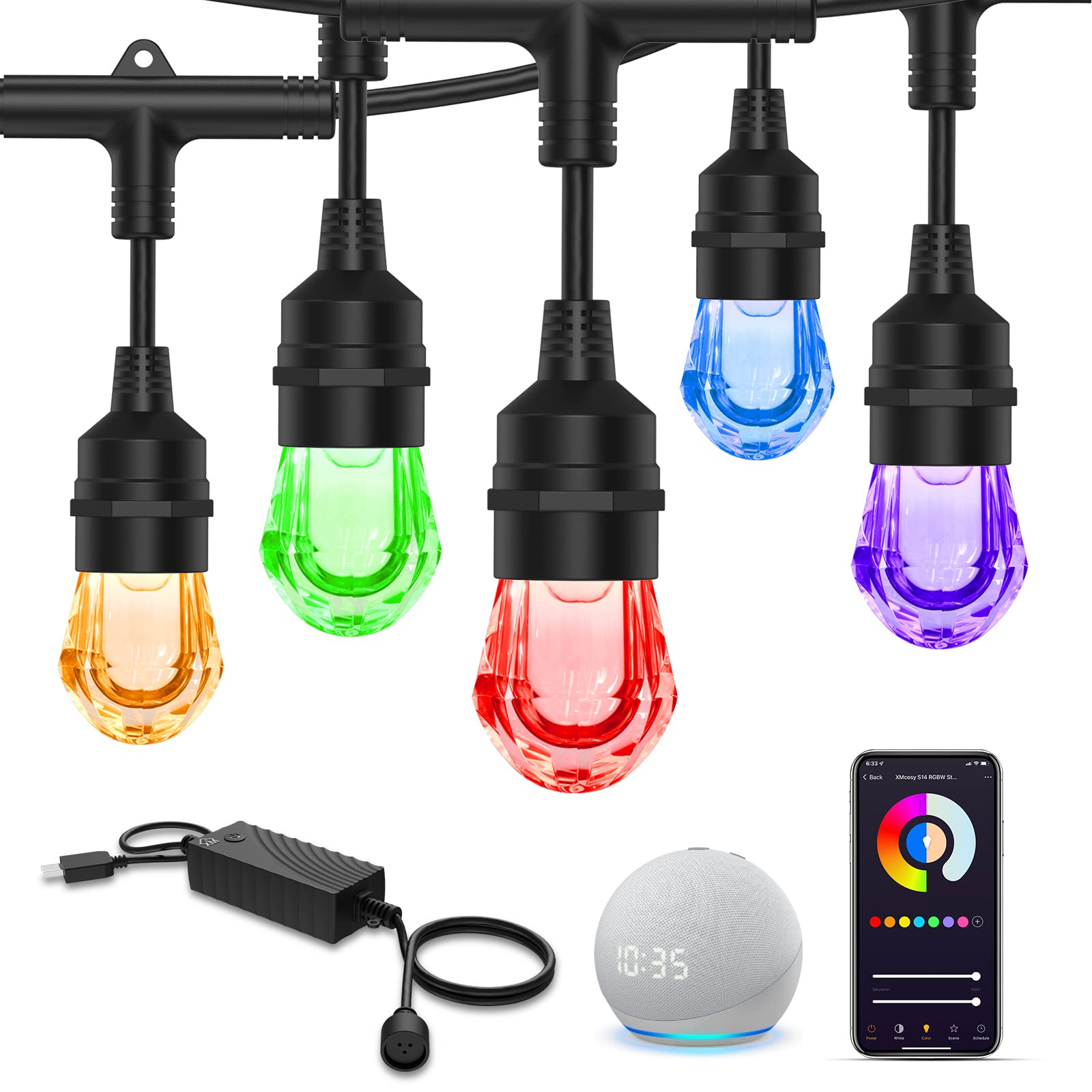 Photo 1 of XMCOSY+ Smart Outdoor String Lights, RGB 123ft Color Changing LED Patio Lights with 40 Acrylic Bulbs, APP WiFi Control, Work with Alexa, Google, IP65 Waterproof for Outside, Christmas
