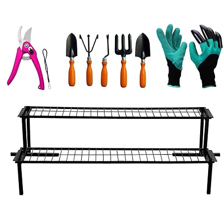 Green Touch 2 Step Stand for Multiple Plants and Pots Stand, Indoor Shelf Holder Rack, Gardening Stand,Indoor Outdoor (Black) with Gardning Tools