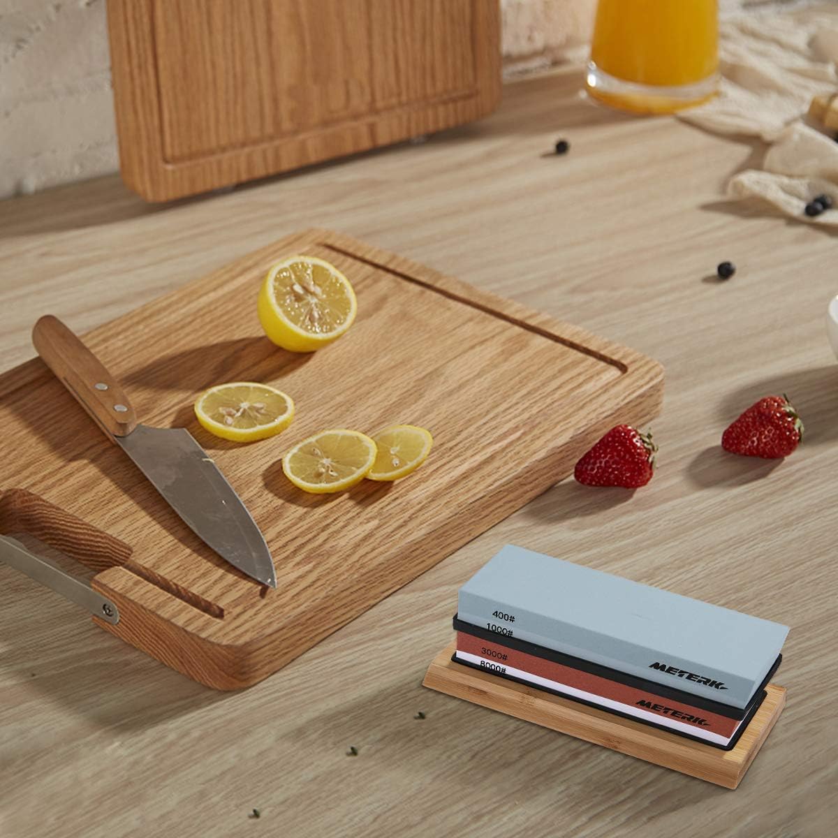 Sharpening Stone Set, Meterk Whetstone 4 Side Grit 400/1000 3000/8000 Knife Sharpening Kit with Bamboo Base, Non-Slip Rubber Base and Angle Guide: Kitchen & Dining