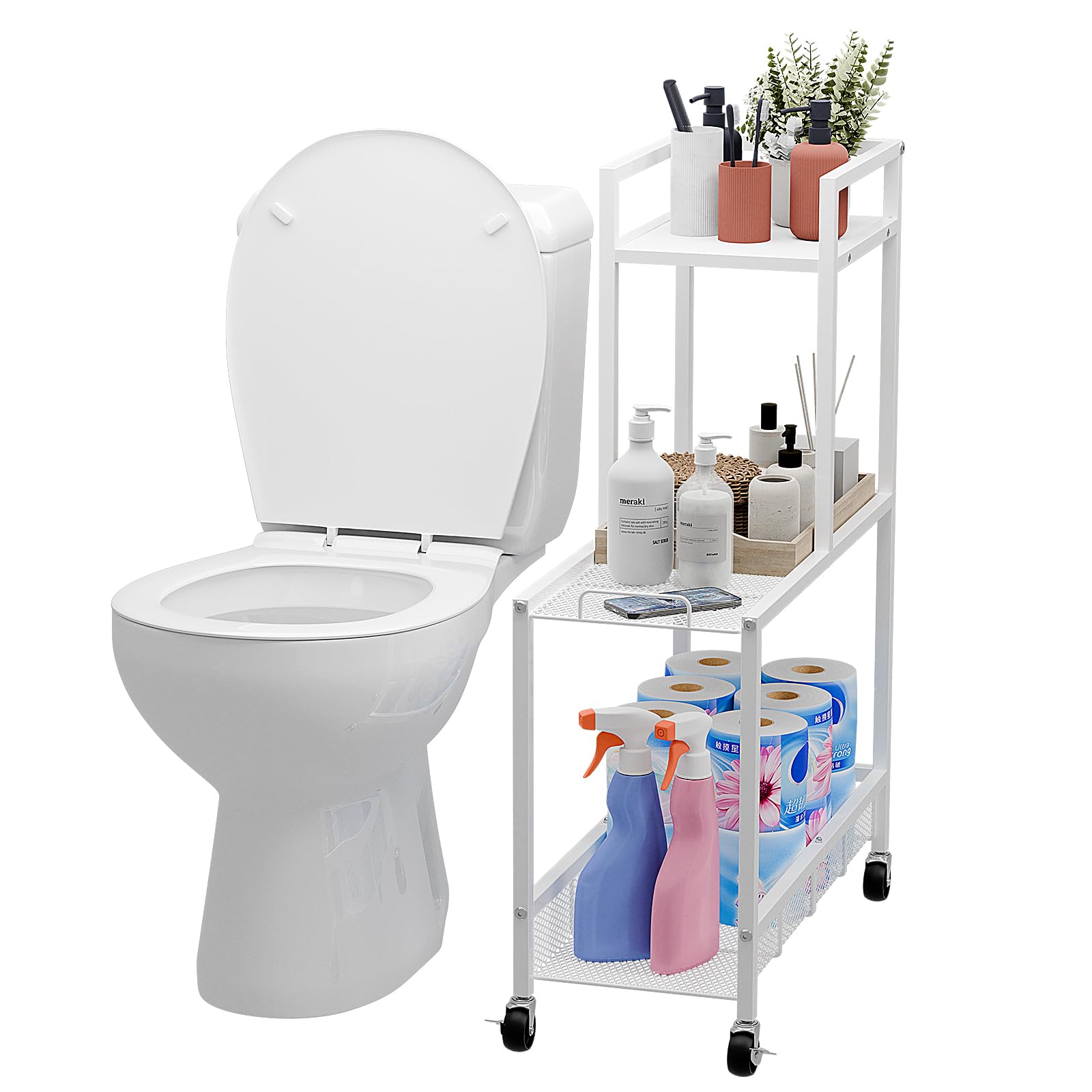 Photo 1 of HOUSE AGAIN 3-Tier Metal Rolling Utility Cart with Handle, Bathroom Organizer and Storage, L Shape Side Toilet Shelf for Unblock Hand, Multi-Functional Storage Trolley - White