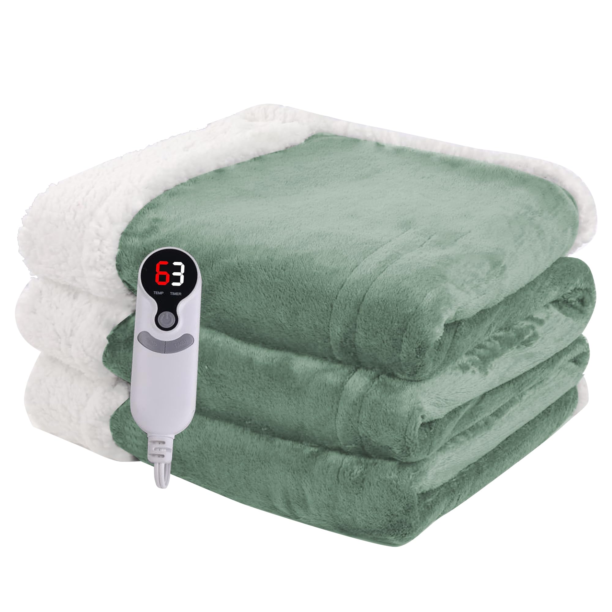 Photo 1 of Heated Blanket Electric Throw Size 50''x60'' with 9 Heating Levels, 1-10 Hour Auto Shut Off, Machine Washable, Flannel & Sherpa Double-Sided Soft Warming Blanket for Couch, Bed, Office - Light Green
