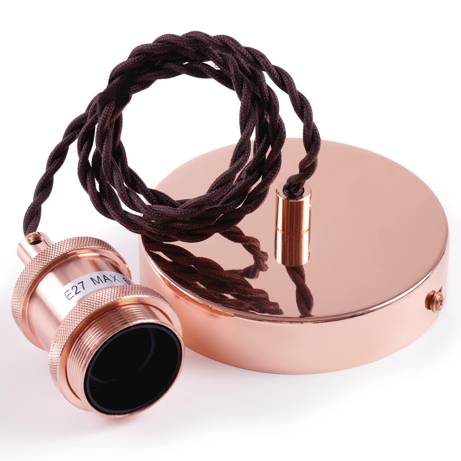 COZZY Vintage Ceiling pendant light fitting, Brown Twisted Braided Flex,E27 Lamp Holder Suspended Pendant Light Fitting Kit-Rose Copper