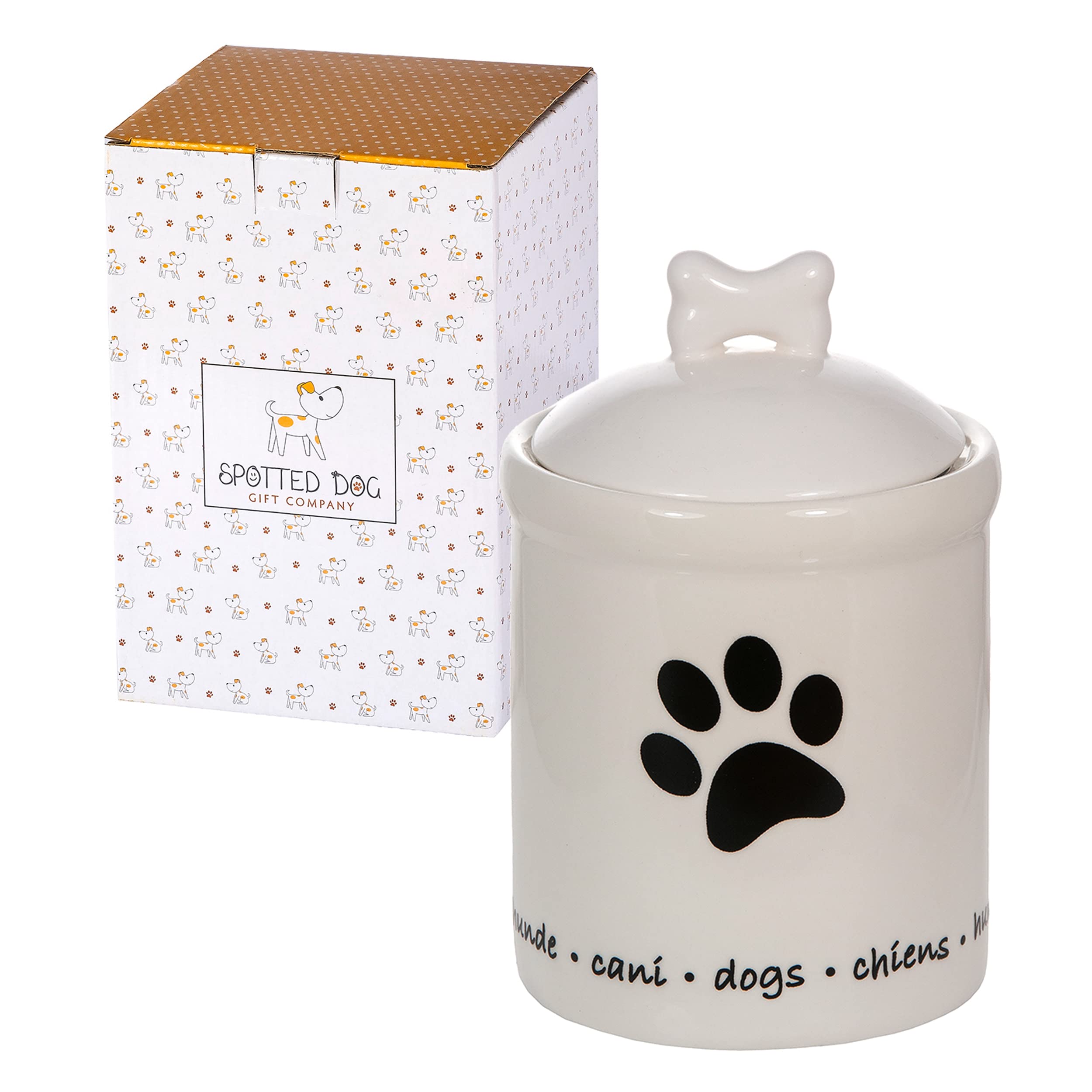 SPOTTED DOG GIFT COMPANY Ceramic Storage Jar with Lid, Cute Kitchen Canister Pet Food Container, Dog Treat Jar, Animal Themed Kitchen Decor Accessories, Gifts for Dog Lovers, Black Paw 1L