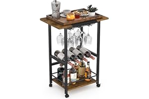 YAOHUOO Bar Cart, Small Bar Cart with Wheels, Mini Bar Carts for The Home, Kitchen Microwave Cart, Drink Cart, Mobile Bar Cart with Wine Rack and Glass Holder, 3 Tiers Rolling Serving Bar Cart Brown