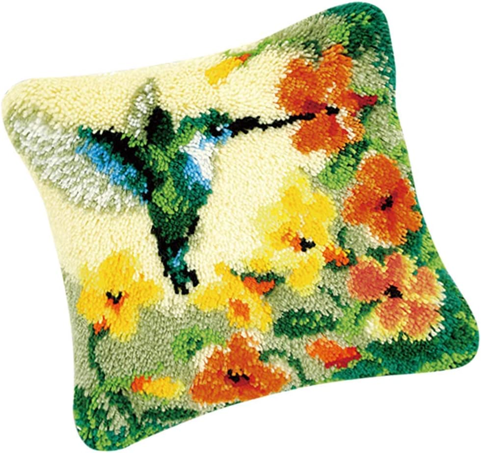 Tenlacum Lovely Animals Latch Hook Rug Making Kits for Beginners Embroidery Kit Pillowcase Cushion with Colorful Yarn Bundles, Canvas, Latch Hook Tool Easy (Flower and Bird)