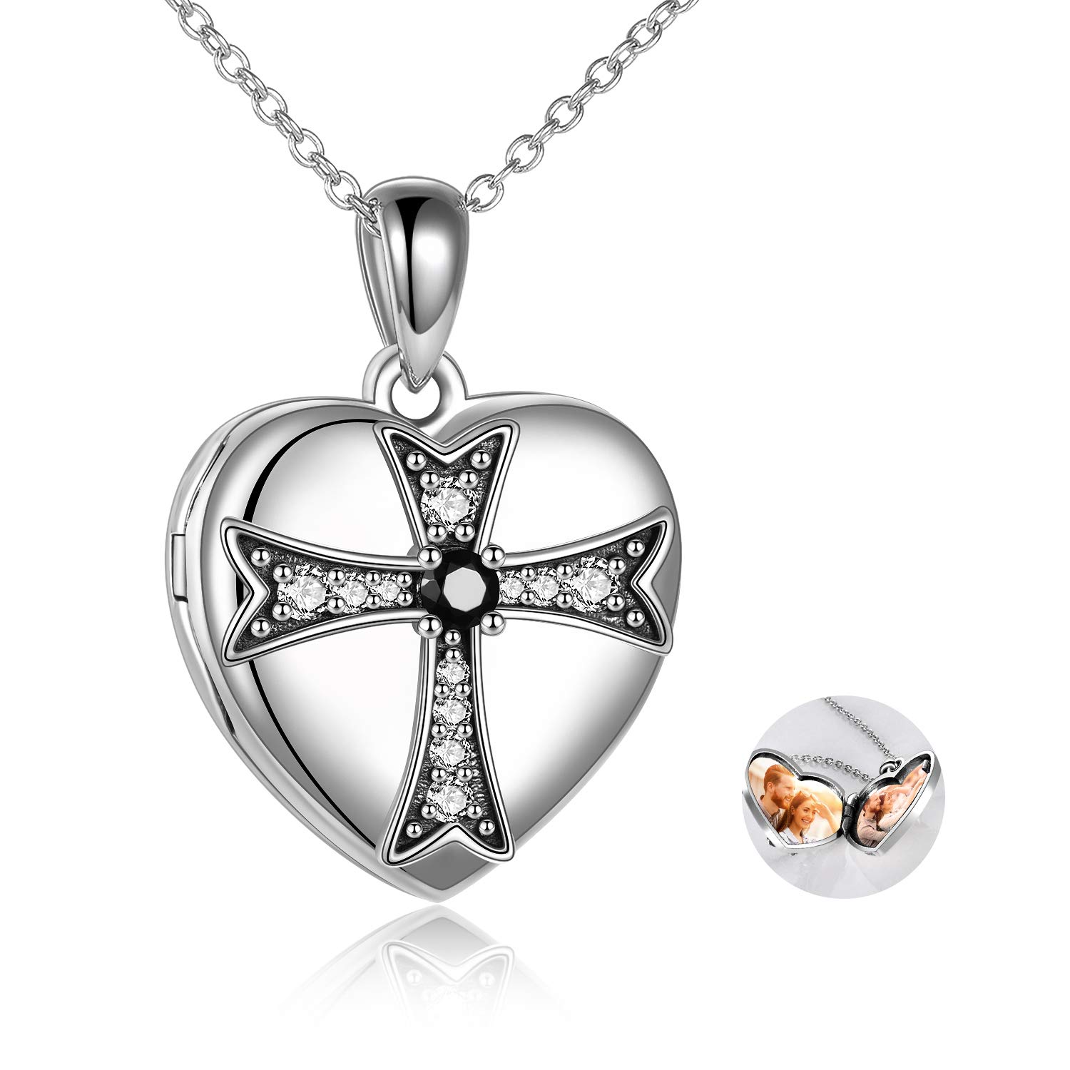 VONALA Sterling Silver Locket Necklace That Holds Pictures Cubic Zirconia Cross Heart Pendant Necklace Gifts for Mom Grandmother