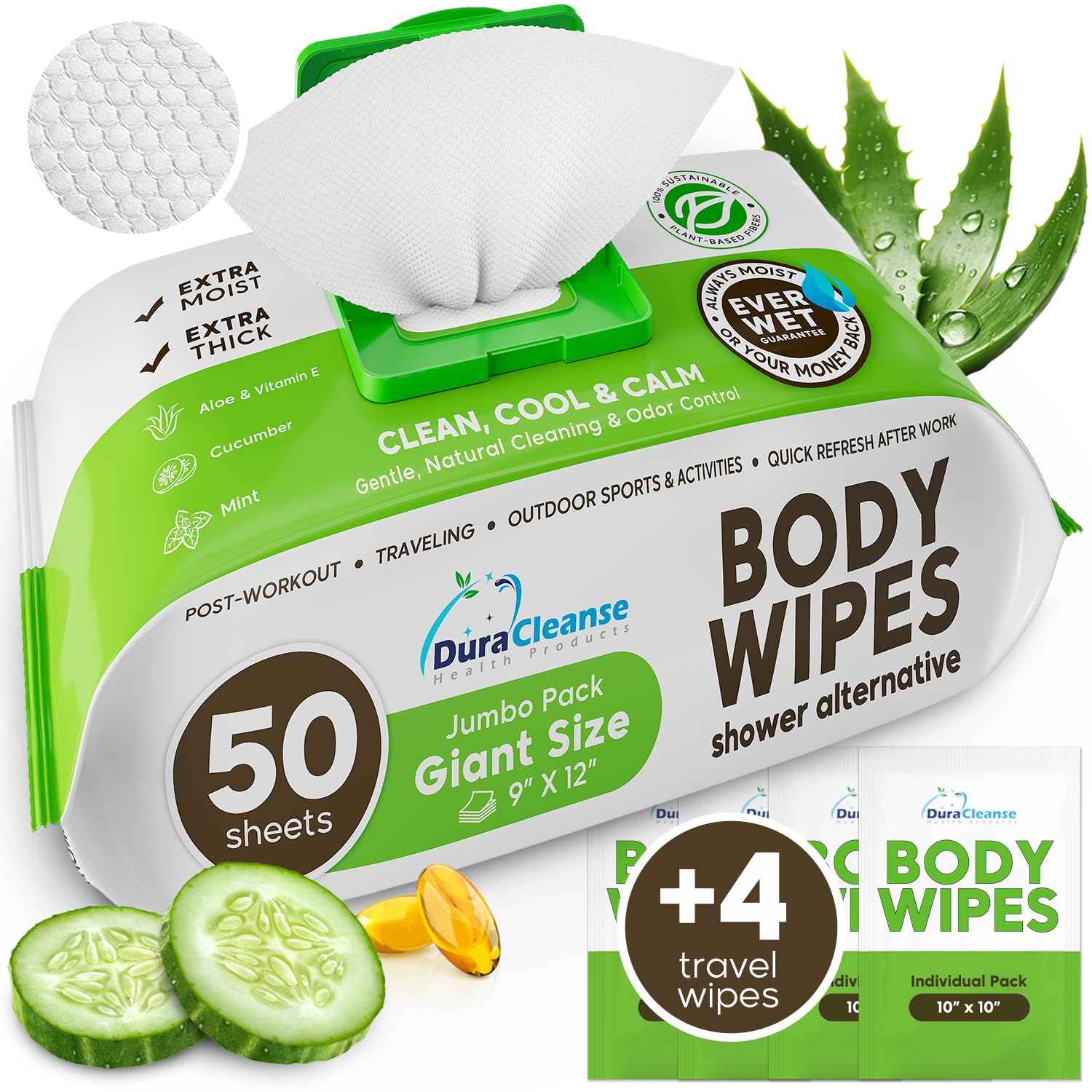 Body Wipes for Women, Extra Moist No Rinse Bathing Wipes - 50 XL Shower Cloths + 4 Travel Size Bath Sheets - 9