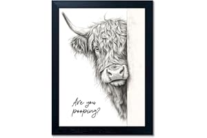 GONGYUANYIHAO ARTS Funny Highland Cow Bathroom Wall Art - Rustic Farmhouse Wall Decor with Humorous Are You Pooping Canvas Print, Cute Animal Canvas Art for Restroom - Black Framed Cow Pictures Wall Decor Ready to Hang 8"x10"