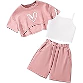 Hilinker Girls 3 Piece Summer Outfits Graphic Crop Tee and Cami Top with Shorts Set