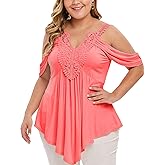 ROSE GAL Rosegal Women Plus Size Cold Shoulder Top Floral Applique Ruched Draped T-Shirt Open Shoulder Tunic Top